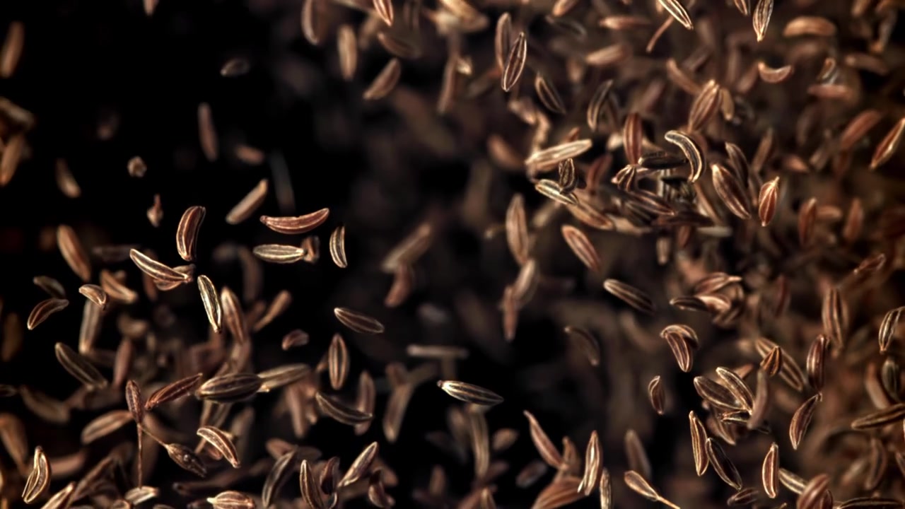 Cumin Seeds Falling in Slow Motion on a Black Background