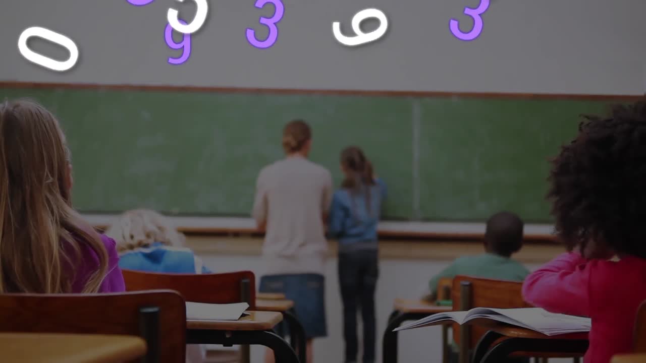 Multiple changing numbers floating against group of students studying at school