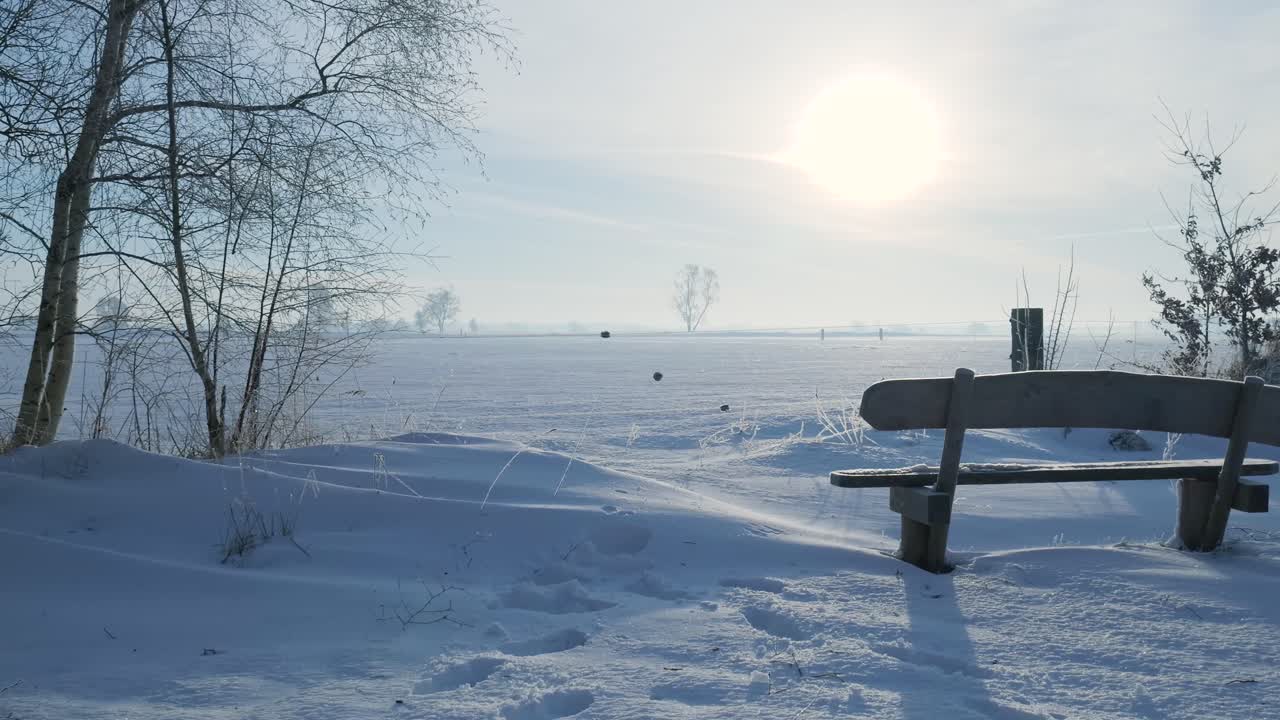 Vinterlandskap med snö och bänk