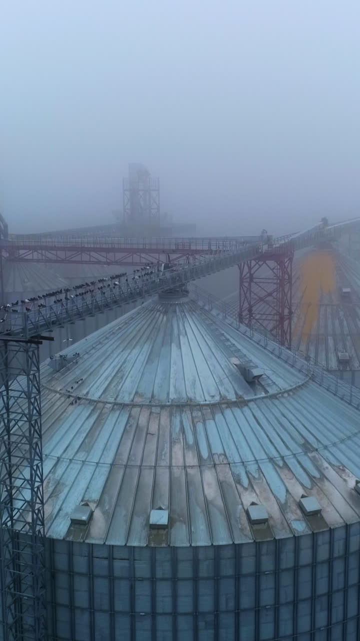 Huge elevator steel storage aerial view. Grain modern elevator containers. Vertical video