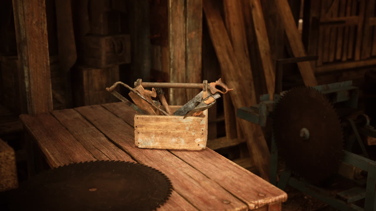 Rustic wooden toolbox filled with vintage tools in a workshop setting