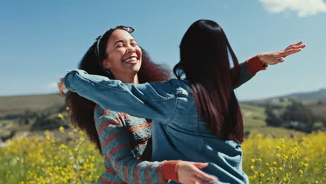 lesbian couple, smile and women hug at field