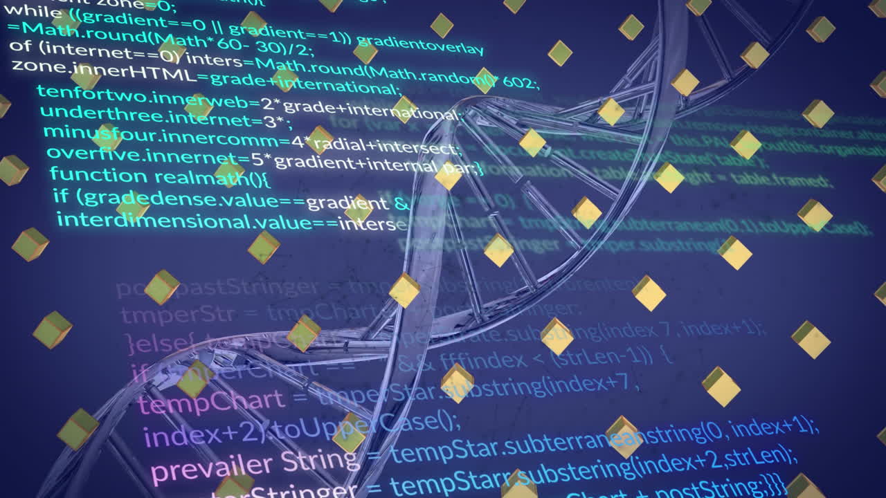 Animation of dna helix and computer language over 3d cubes on abstract background