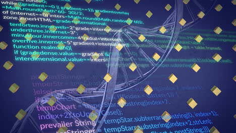 animación de la hélice de adn y el lenguaje informático sobre cubos 3d en un fondo abstracto