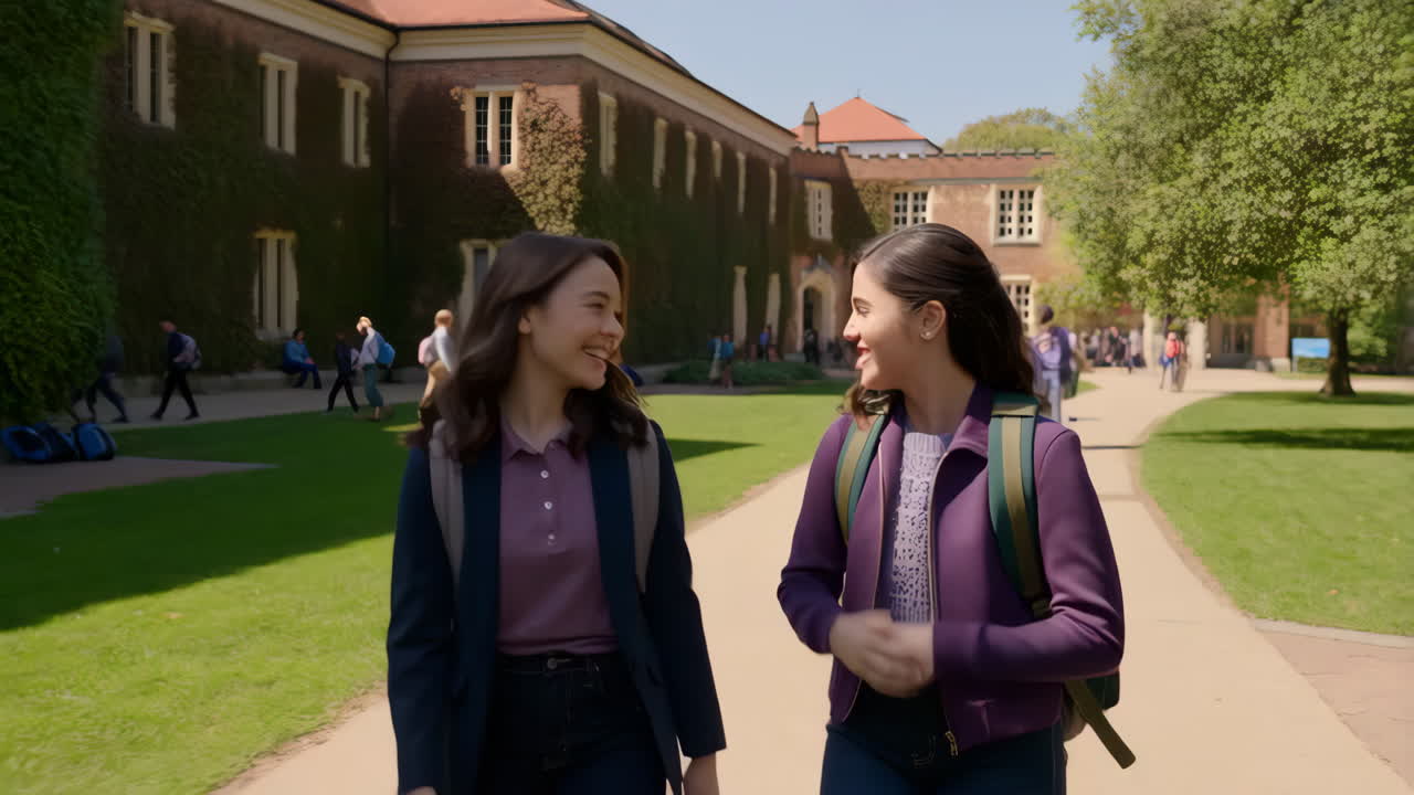 Two young women students walking and smiling on a college campus