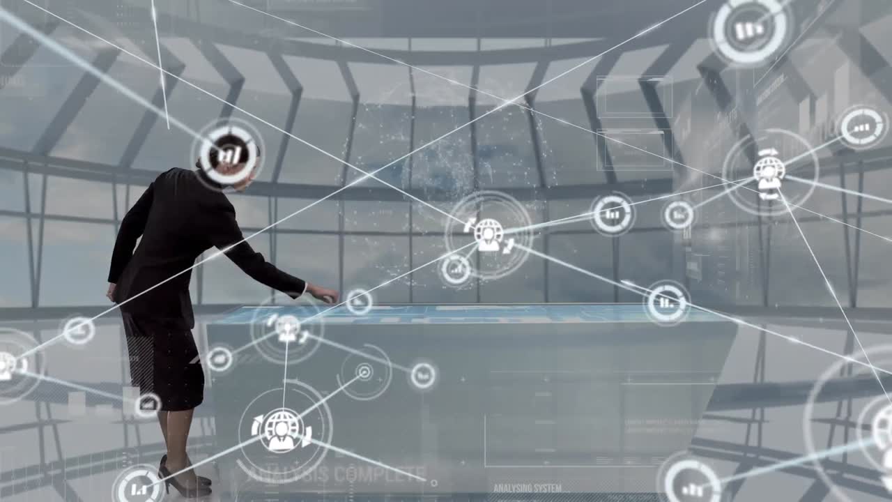 Animation of network of connections with icons over businesswoman touching interactive screen