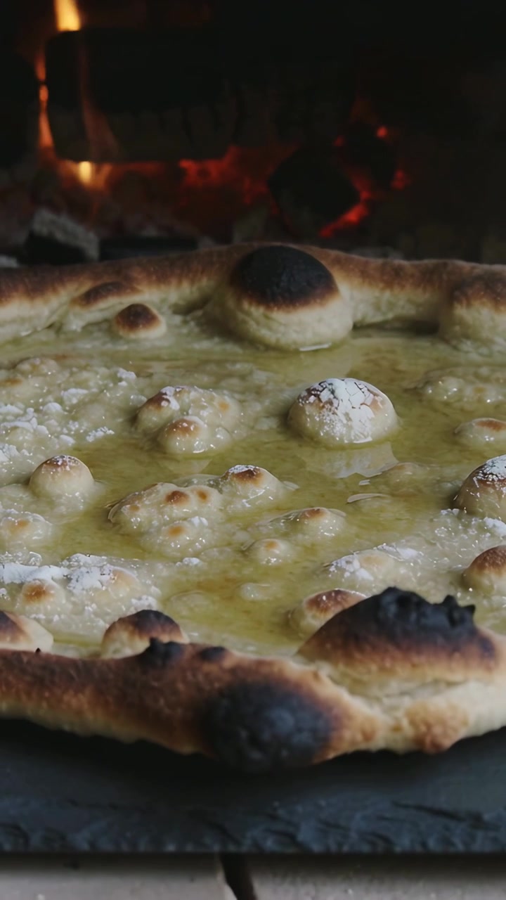 Video verticale: braci ardenti che riscaldano la pietra, pizza che bolle e formaggio che si scioglie all'interno di un forno a legna