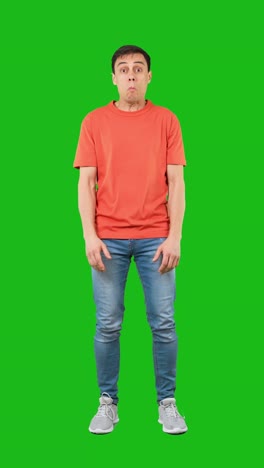 man with a disgusted grimace on a green screen