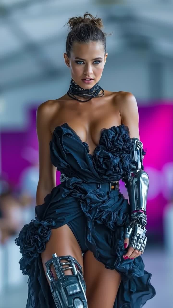 Splendida cyborg in abito nero a balze con braccio bionico a un'esposizione.