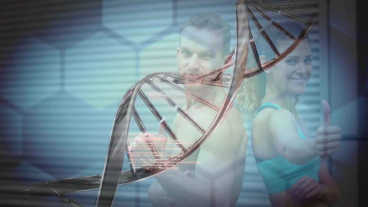 Animation of dna strand spinning over data processing and exercising strongman
