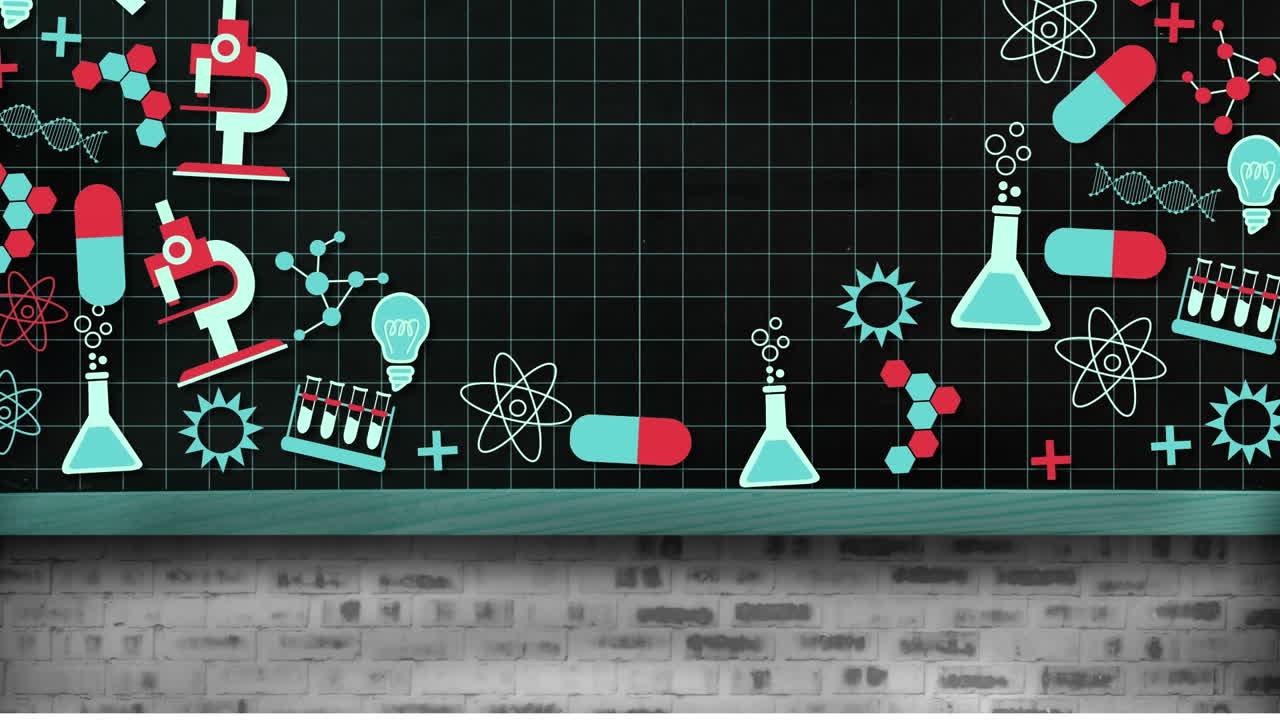 Science concept icons moving against brick wall