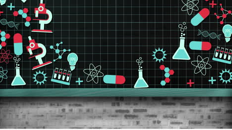 science concept icons moving against brick wall