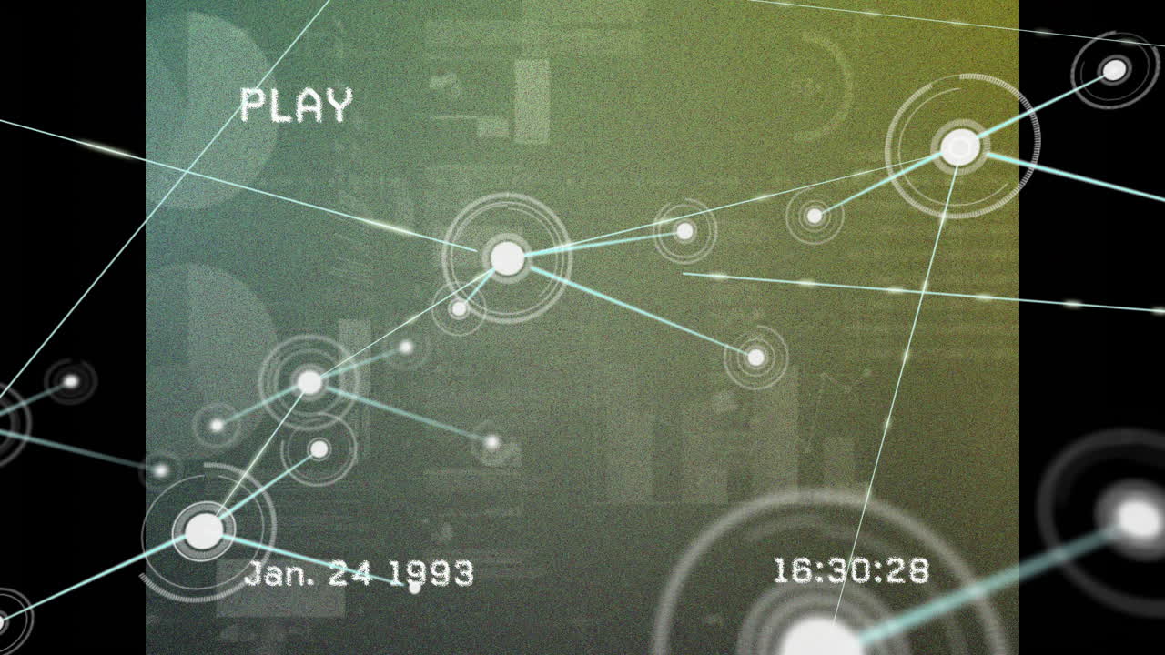 Animation showing network connections with data points and date, time overlay