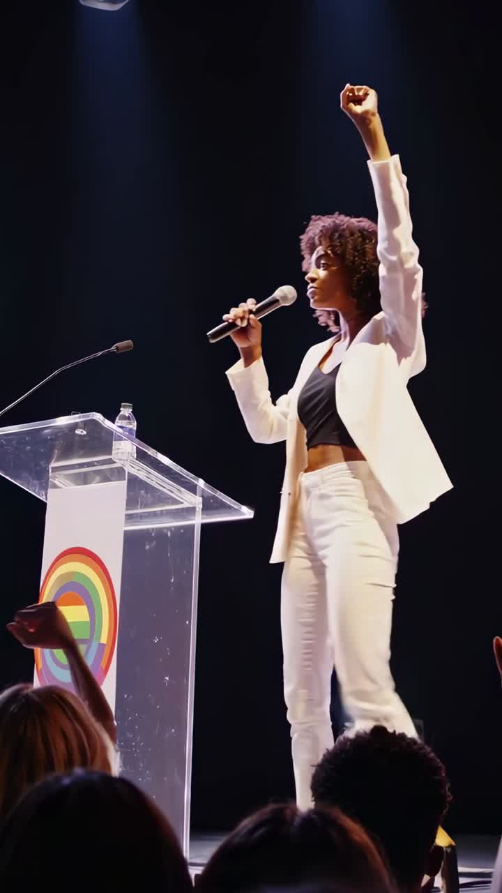 mujer oradora en un evento de orgullo