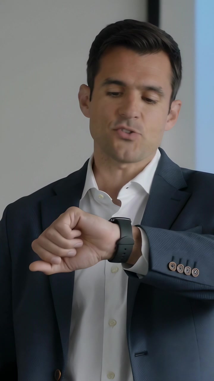 Vertical video: Smiling speaker in navy suit glancing down and checking watch in meeting about time