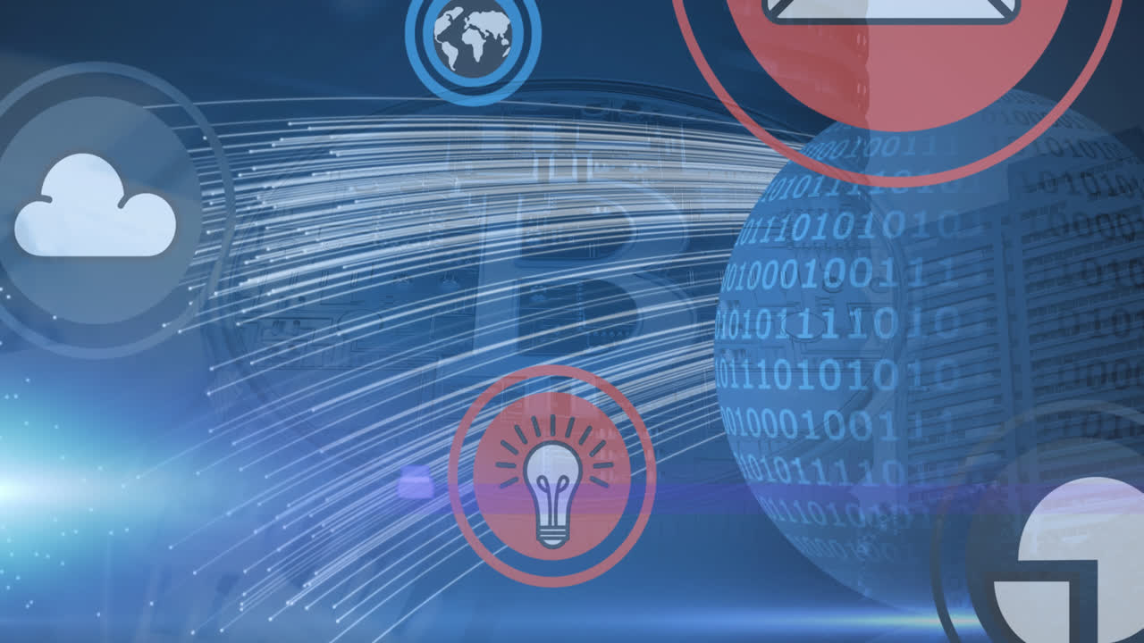 도시 풍경 위에 지구와 비트코인 기호를 가진 비즈니스 아이콘의 애니메이션