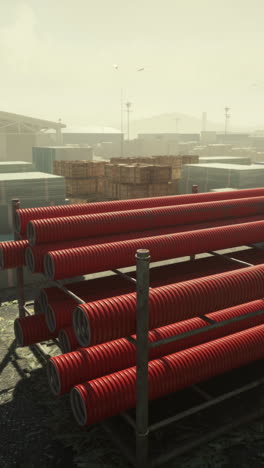 red corrugated pipes stacked in warehouse