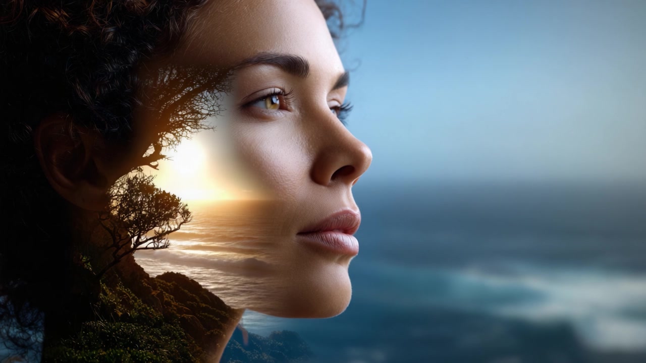 A Profound Reflection: Embracing Nature and Serenity Through Inner Peace Captured in a Breathtaking Double Exposure of a Woman's Profile by the Ocean