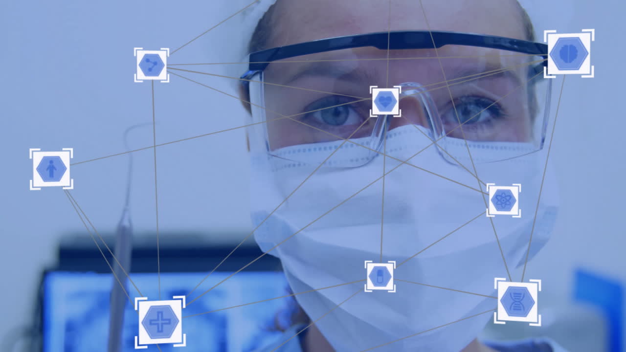iconas médicas y animación de conexiones de red sobre el uso de máscaras por parte de profesionales de la salud