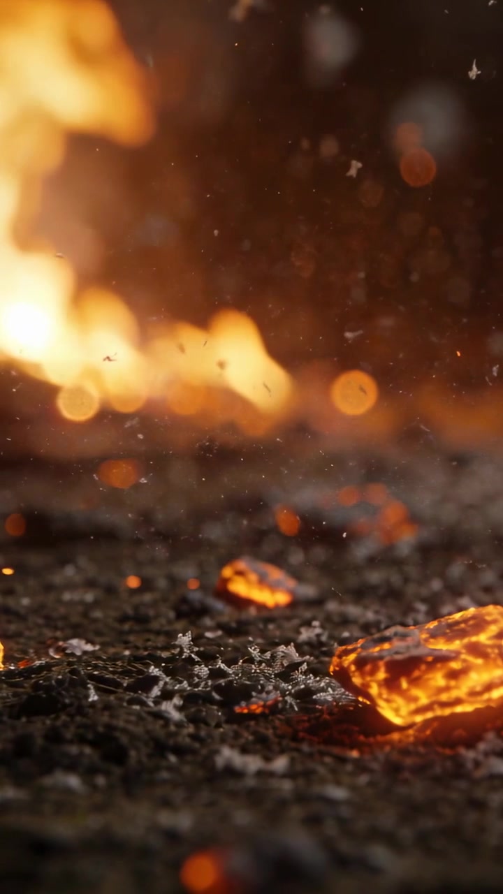 Vertical video: Flickering left flame, right ember sending sparks over charred ground, copy space