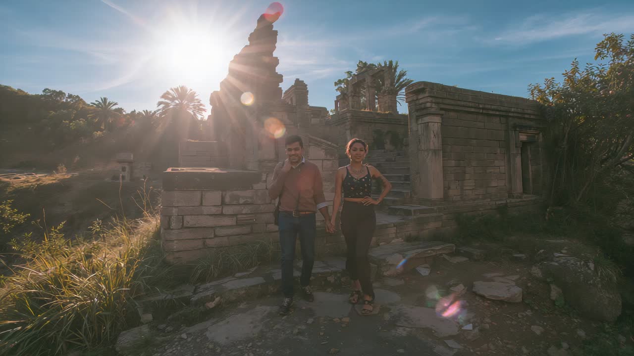 Walking couple holding hands exploring ruins, woman in crop top, sun flaring, man with satchel