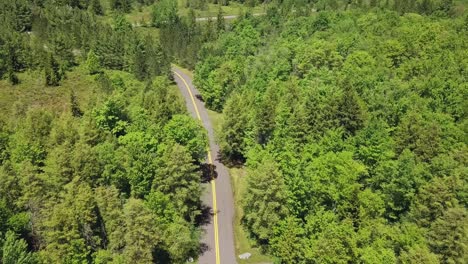 winding two lane road with yellow line through state park forest with pine trees on sunny day cinematic aerial parallax