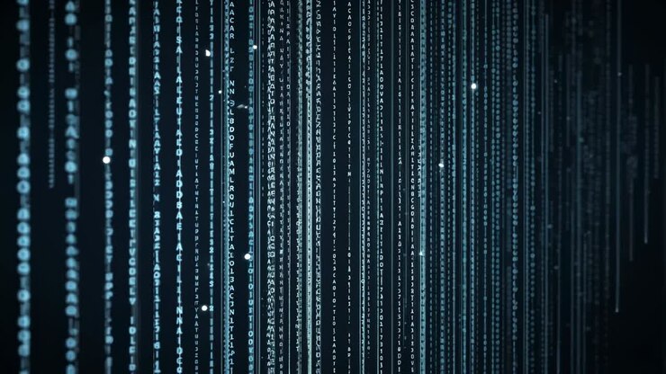 Streaming alphanumeric code streams cascading down digital void, with pulsing bright particles