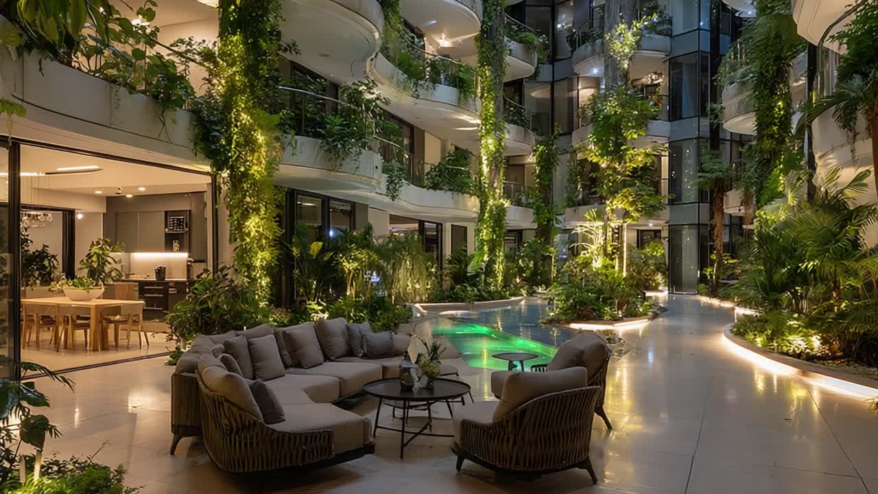 A Tranquil Oasis: An Elegant Indoor Garden Setting Featuring Lush Greenery and Cozy Lounge Furniture in a Modern Architectural Space