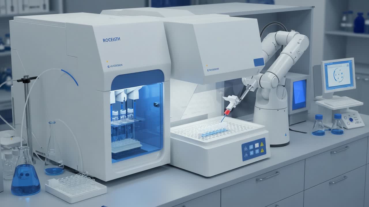 A High-Tech Laboratory Featuring an Automated Robotic System for Advanced Scientific Research and Sample Analysis in a Modern Workspace Setting