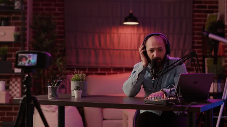 Influencer caucasico riprende un video con attrezzatura da podcast in uno studio di registrazione di un vlog online tramite una fotocamera digitale