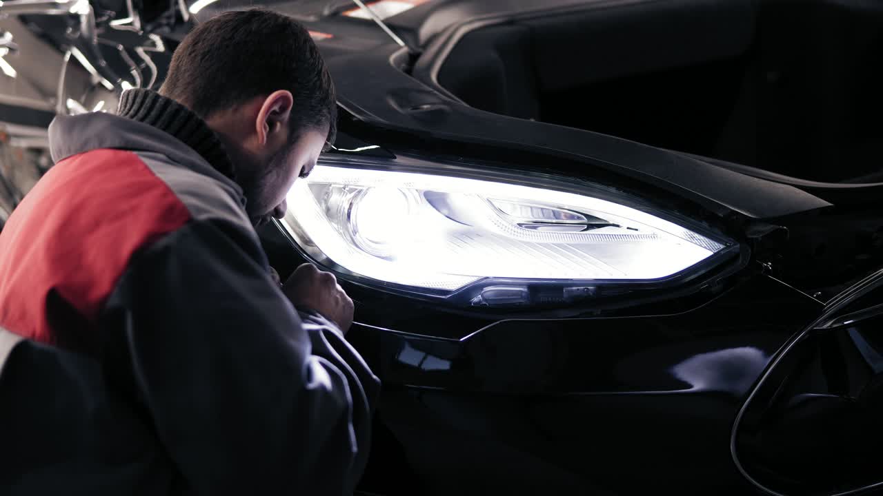 Autocenter represantative attaching a plastic piece of car's bumper to the bottom side.