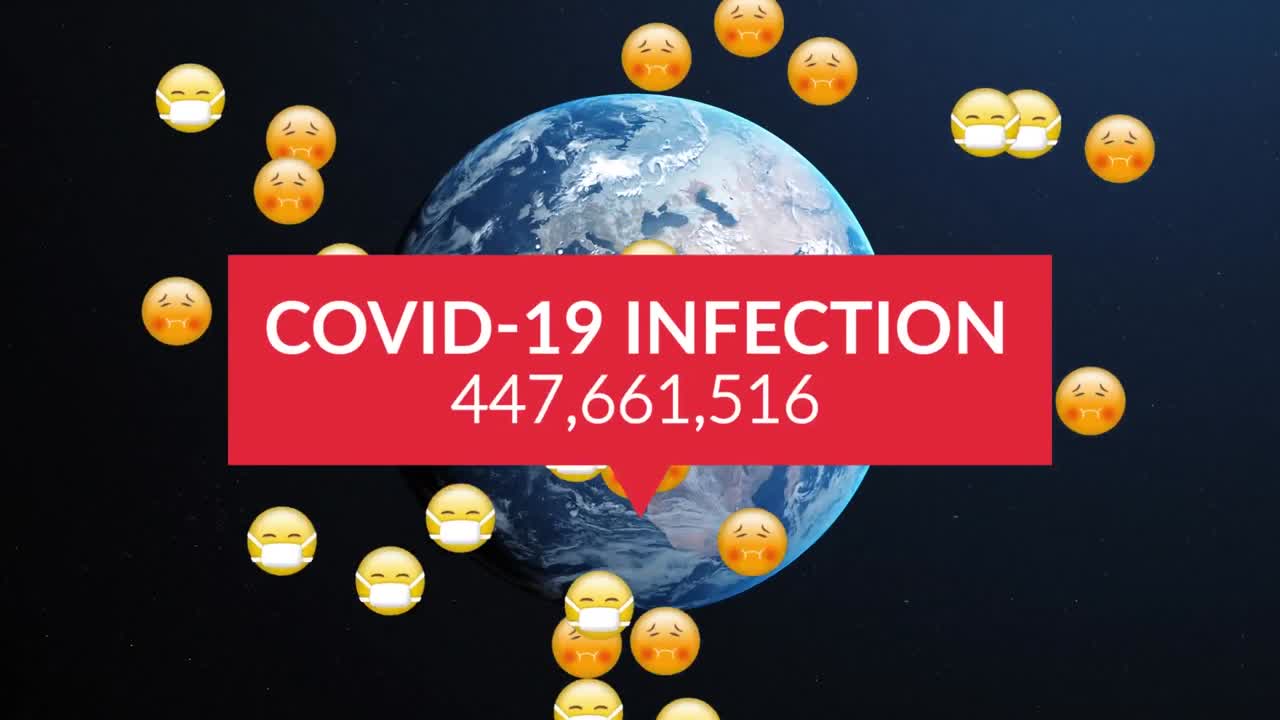 코로나 19 데이터 처리 및 지구상의 얼굴 마스크와 함께 여러 병자 이모티콘의 애니메이션