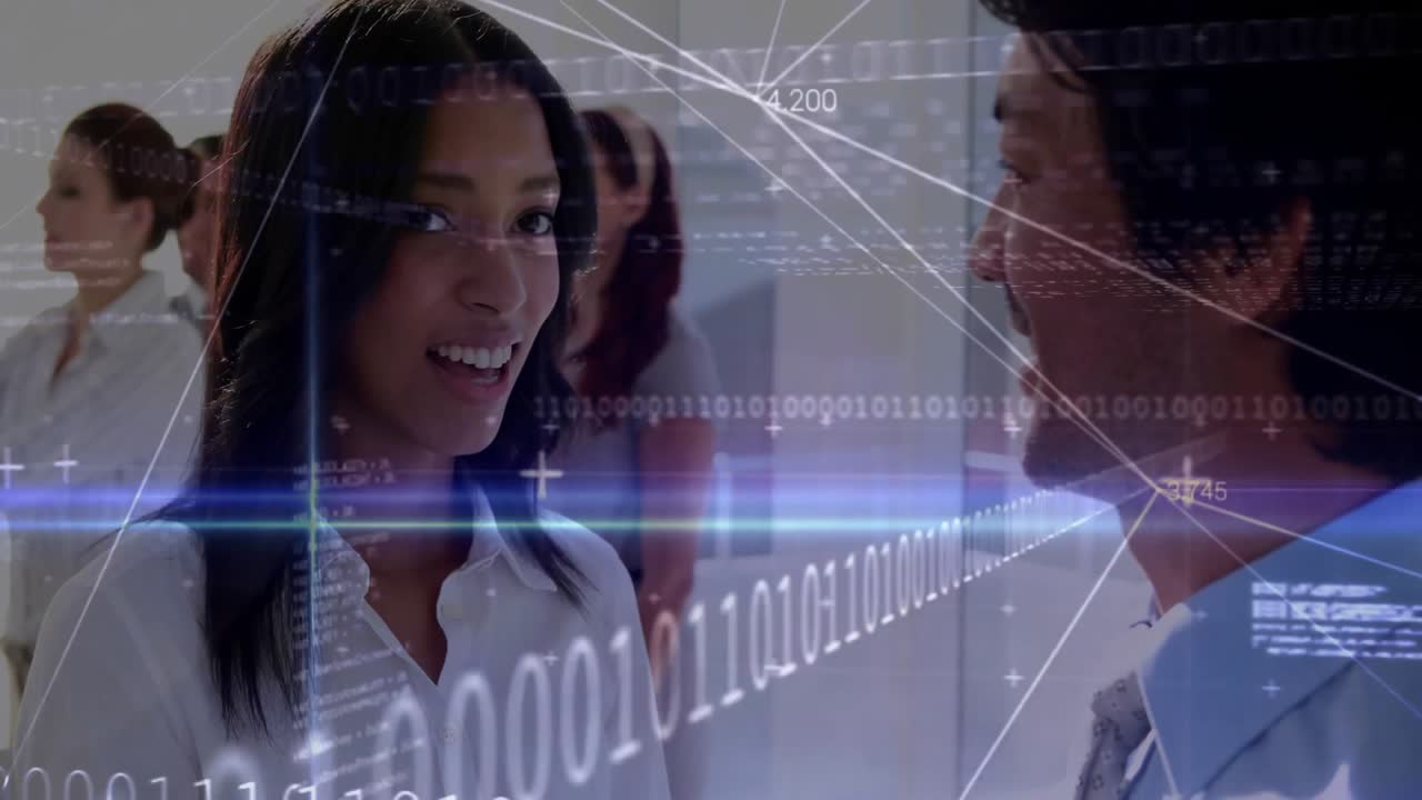 Woman greeting coworker in tech office, initiating binary streams, schematic lines around data