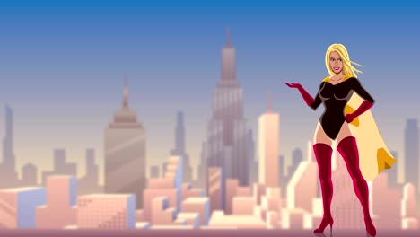 superheroína presentando en la ciudad