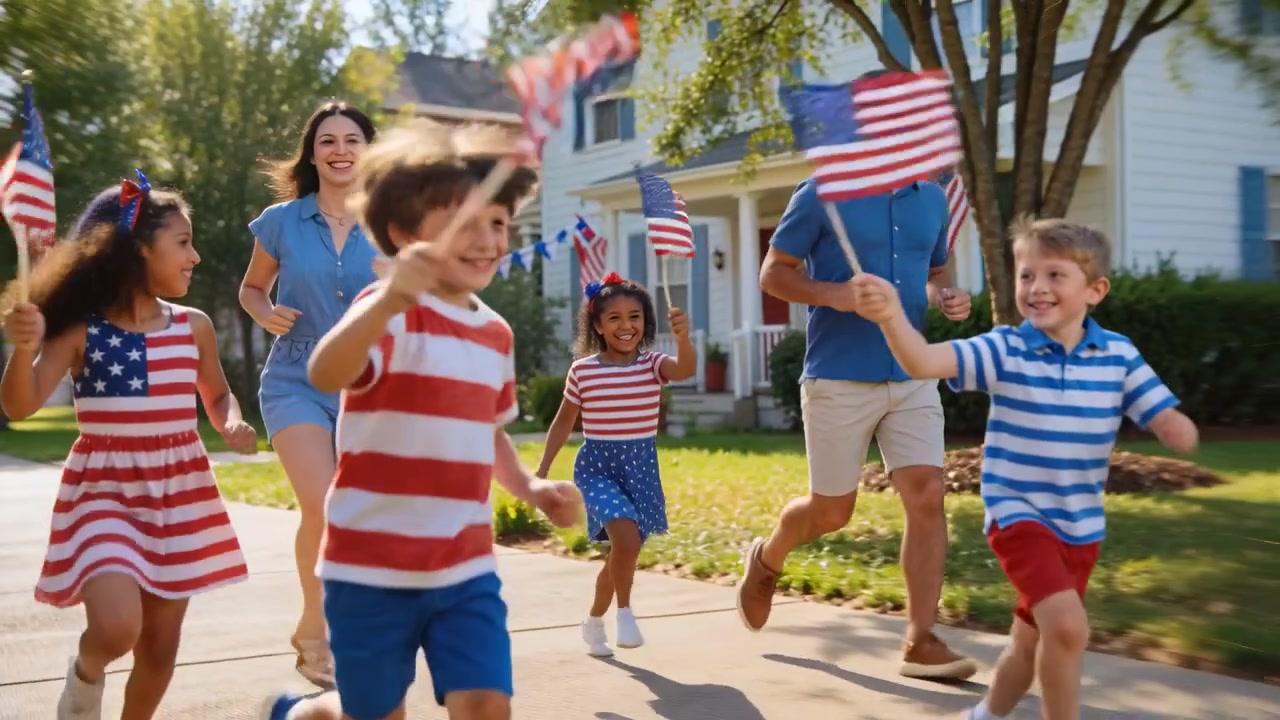 Running family prompted by bunting on sidewalk, kids leading, boy in striped shirt waving US flags
