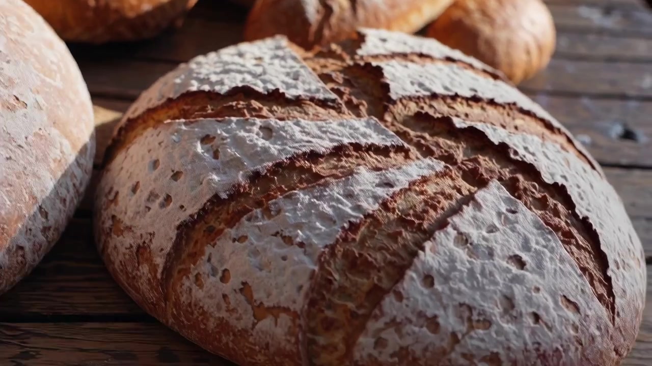 Freshly Baked Sourdough Bread Loaves on a Rustic Wooden Table