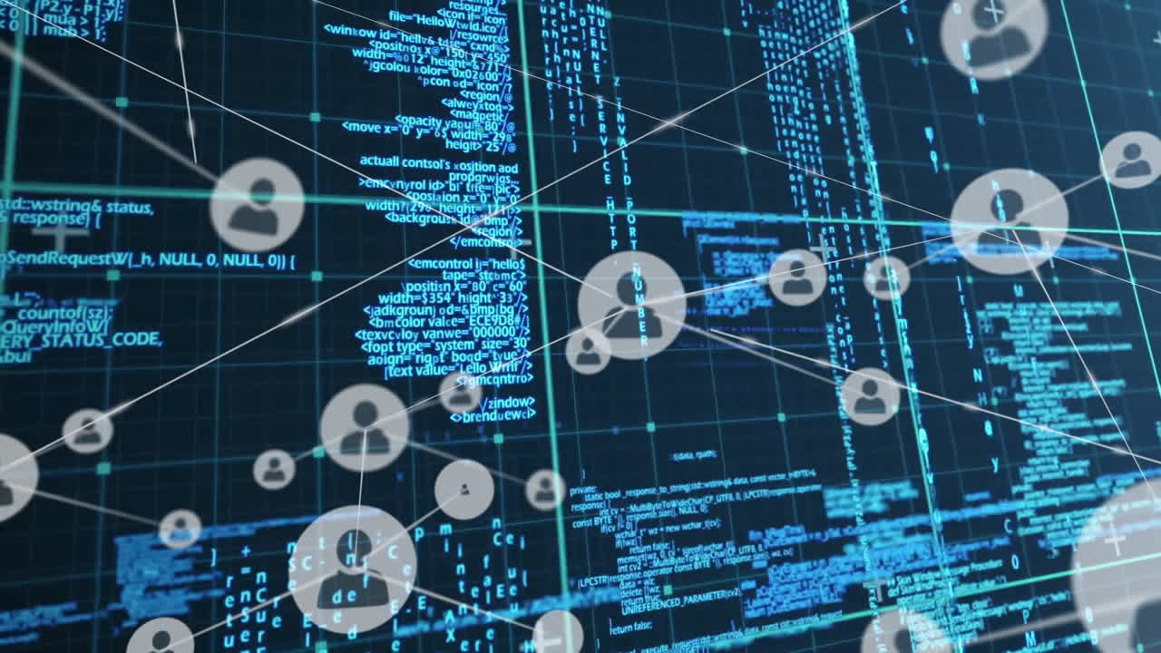 Network of connections and data processing animation over blue digital code