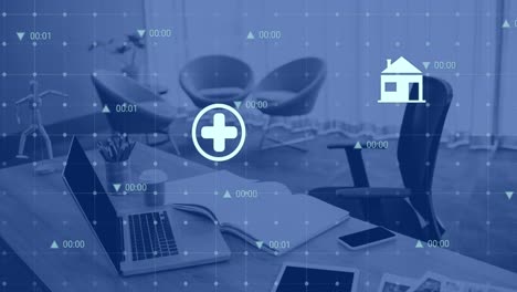 animation of digital icons over grid network against office desk