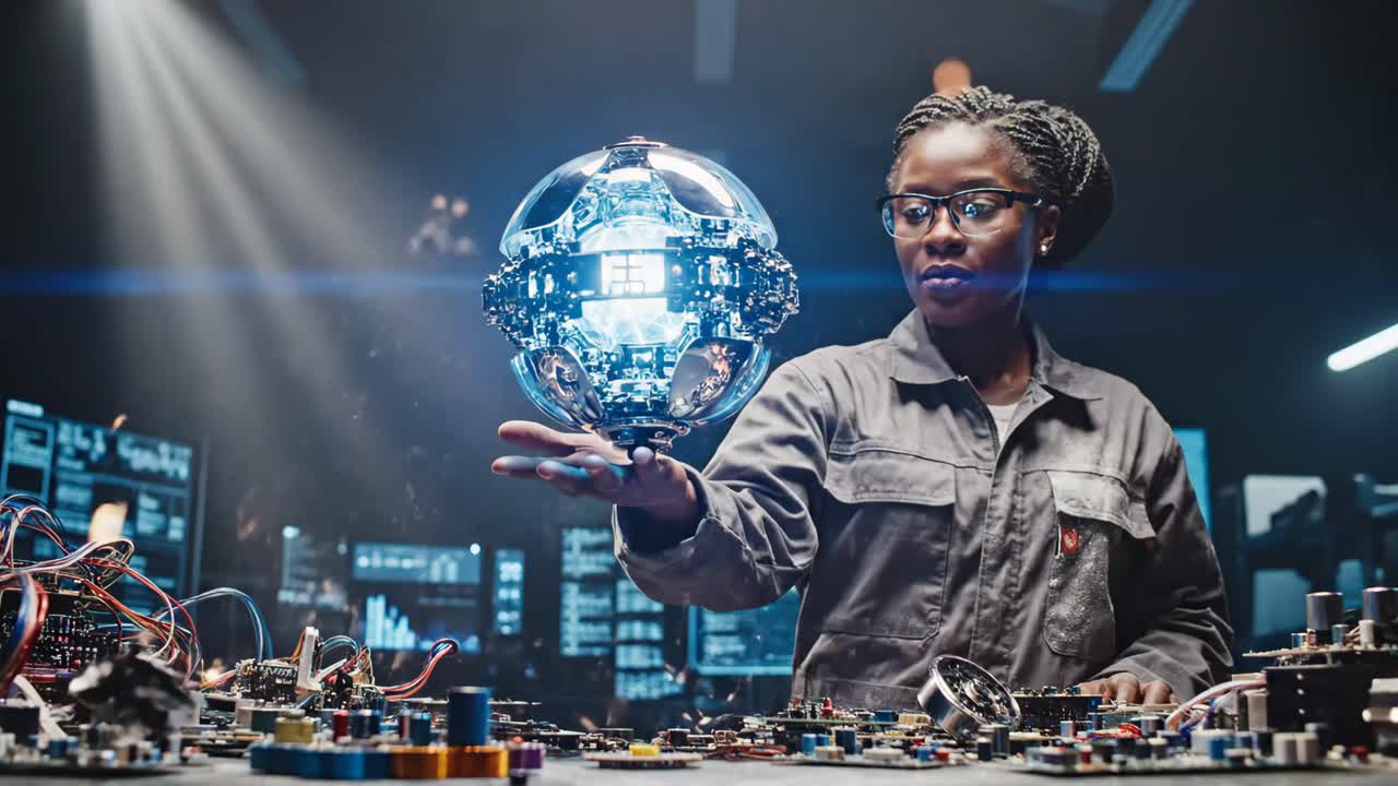 A woman engineer works on futuristic technology with electronic components