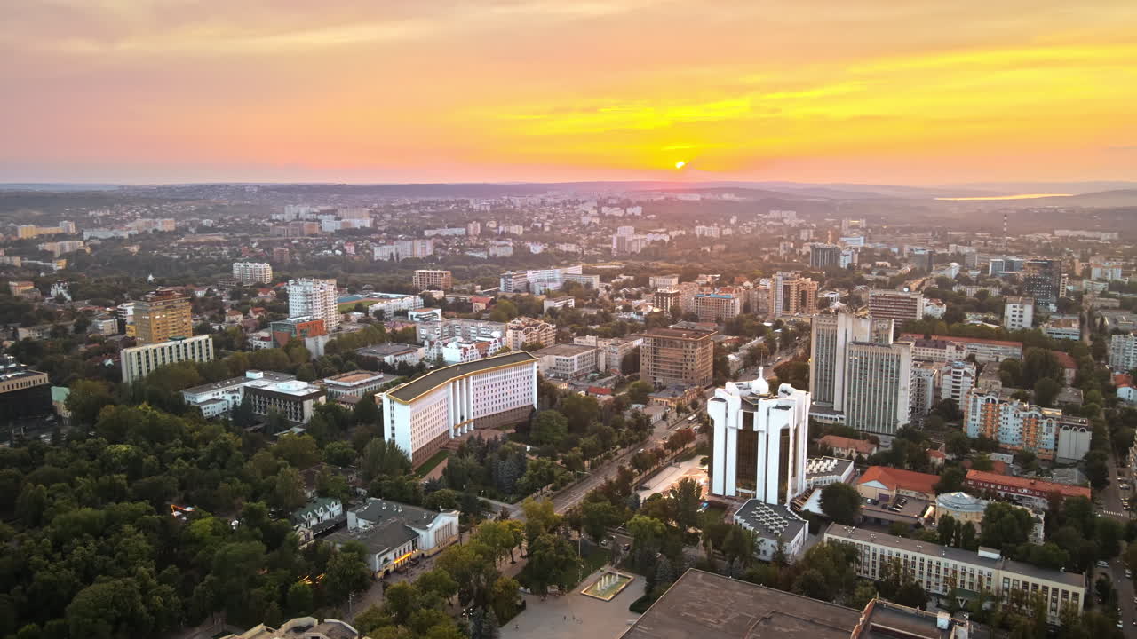 Aerial drone view of Chisinau city center with presidency and parliament building. Moldova