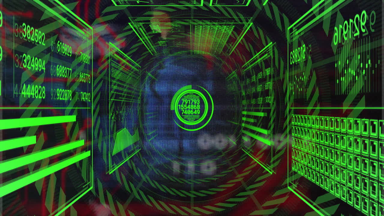 Animation of digital tunnel with green data and numbers surrounding central target