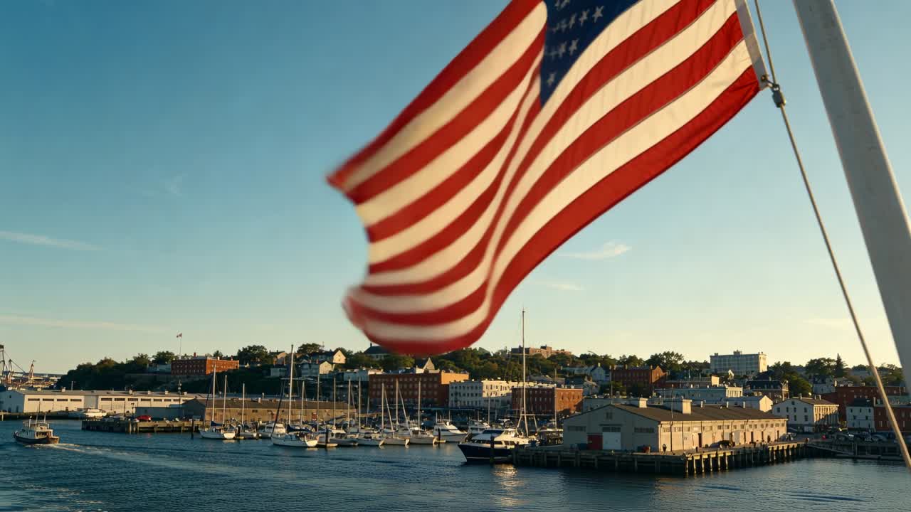 Bandiera USA sventolante che cattura una folata e nasconde la marina, mentre un'imbarcazione lascia il porto, con scia e spazio per il testo.