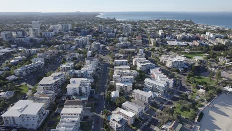 panoramic view of kings beach, caloundra, sunshine coast, queensland, australia aerial drone shot