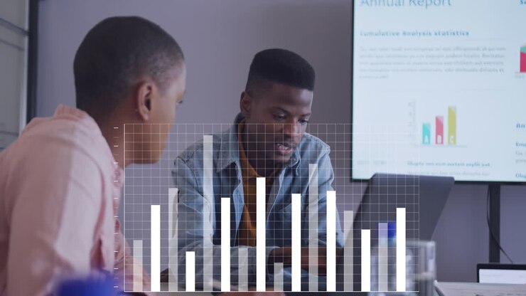 Animation of data processing over african american business people in office
