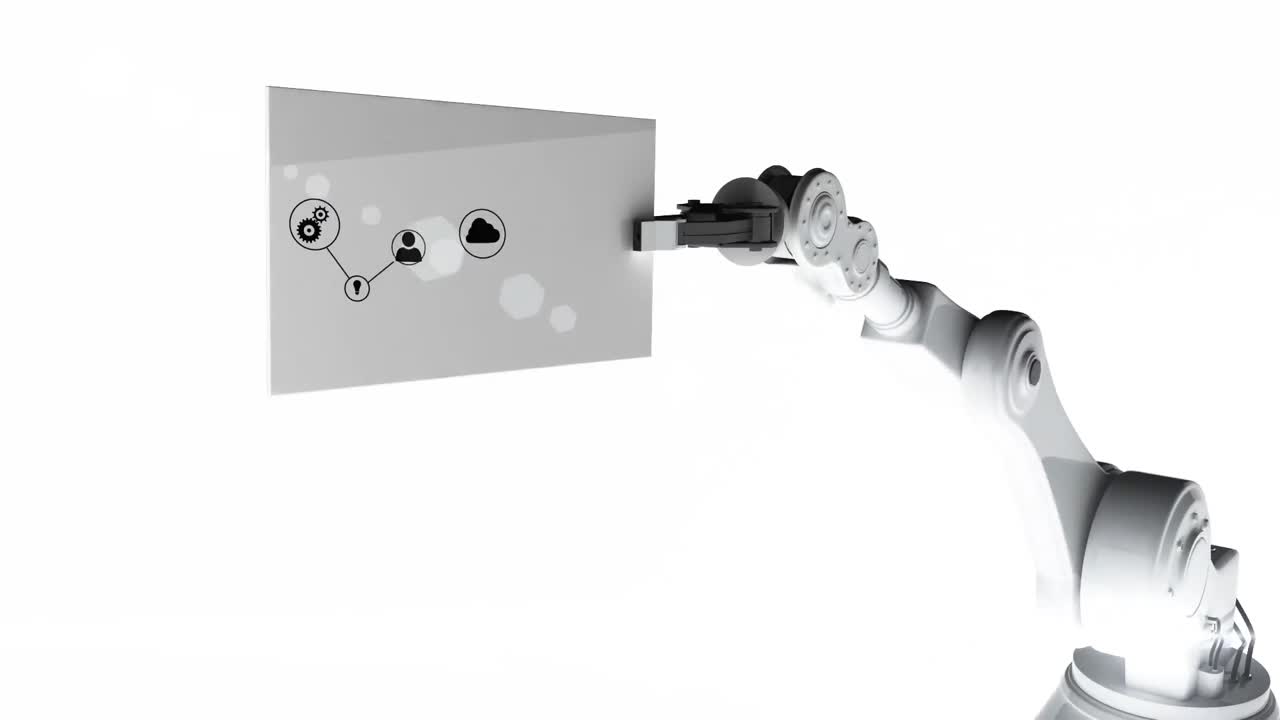 video generado digitalmente del brazo robótico blanco que sostiene la tarjeta con el icono de red