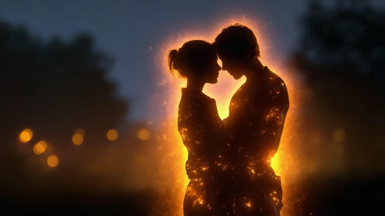 Um momento hipnotizante entre dois amantes iluminados por brilhos encantadores, capturando a essência do romance e da conexão em uma atmosfera mágica ao crepúsculo