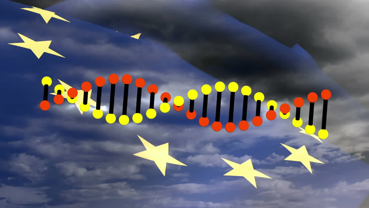 animación de una cadena de adn girando sobre la bandera de la ue y un cielo nublado