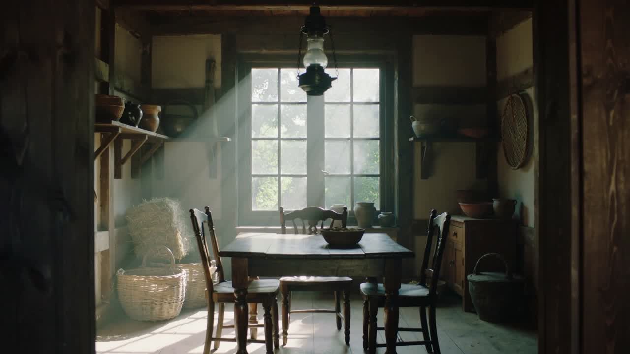 Video verticale: Un raggio di sole che filtra dalla finestra, mostrando un tavolo di legno, sedie, una ciotola, una lanterna in un cottage.