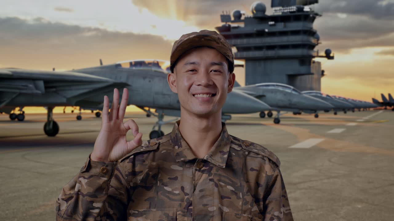 Smiling Military Personnel on Aircraft Carrier Deck