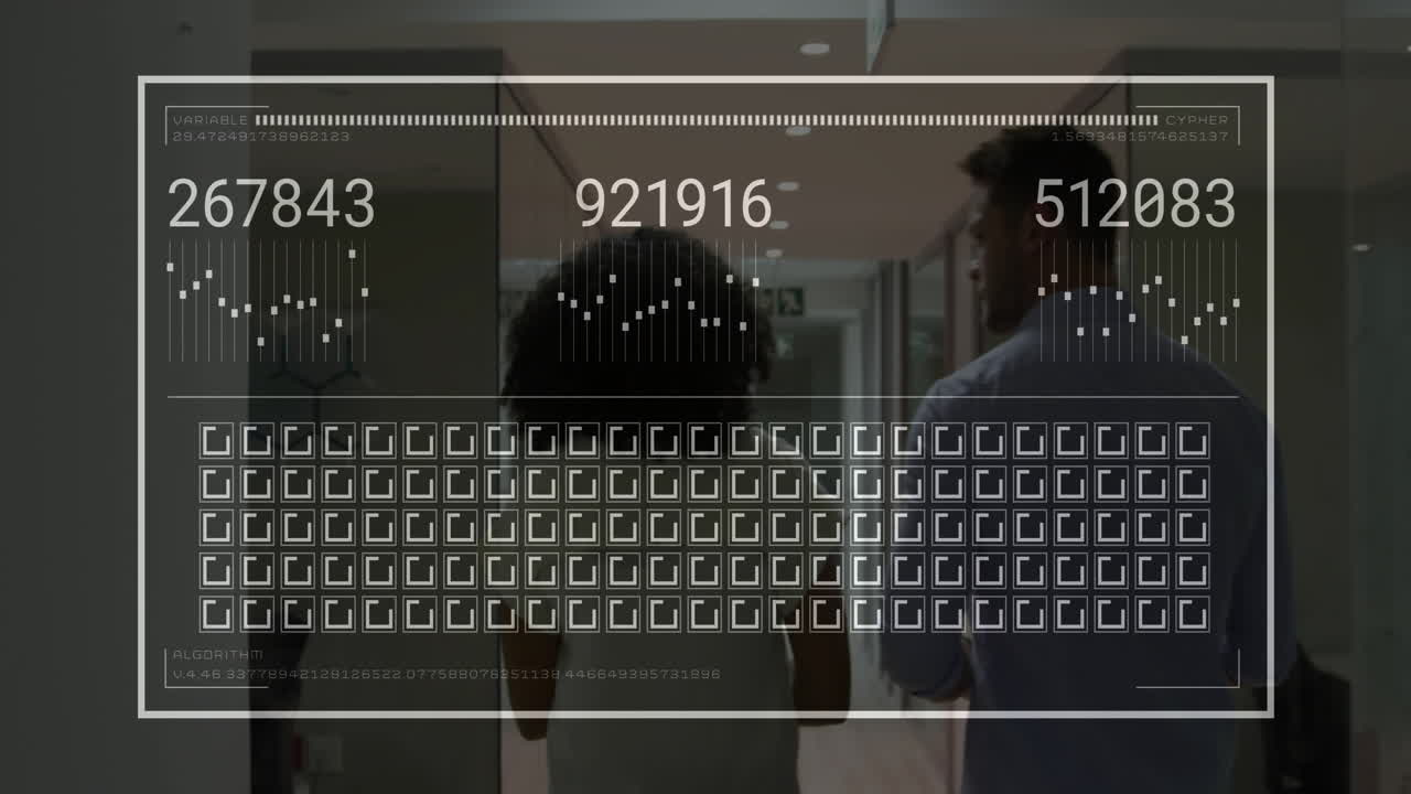 Business professionals walking in hallway with digital data overlay animation